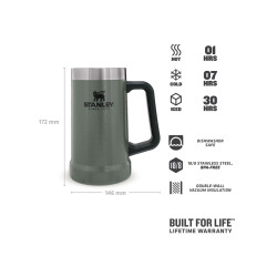 Stanley ADVENTURE BIG GRIP BEER STEIN 24oz /700ml Hammertone Green
